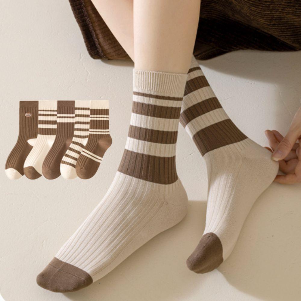 5Pairs Breathable Stripe Tube Socks Retro Mid-calf Socks Fashion Women's Cotton Socks Keeping Warm