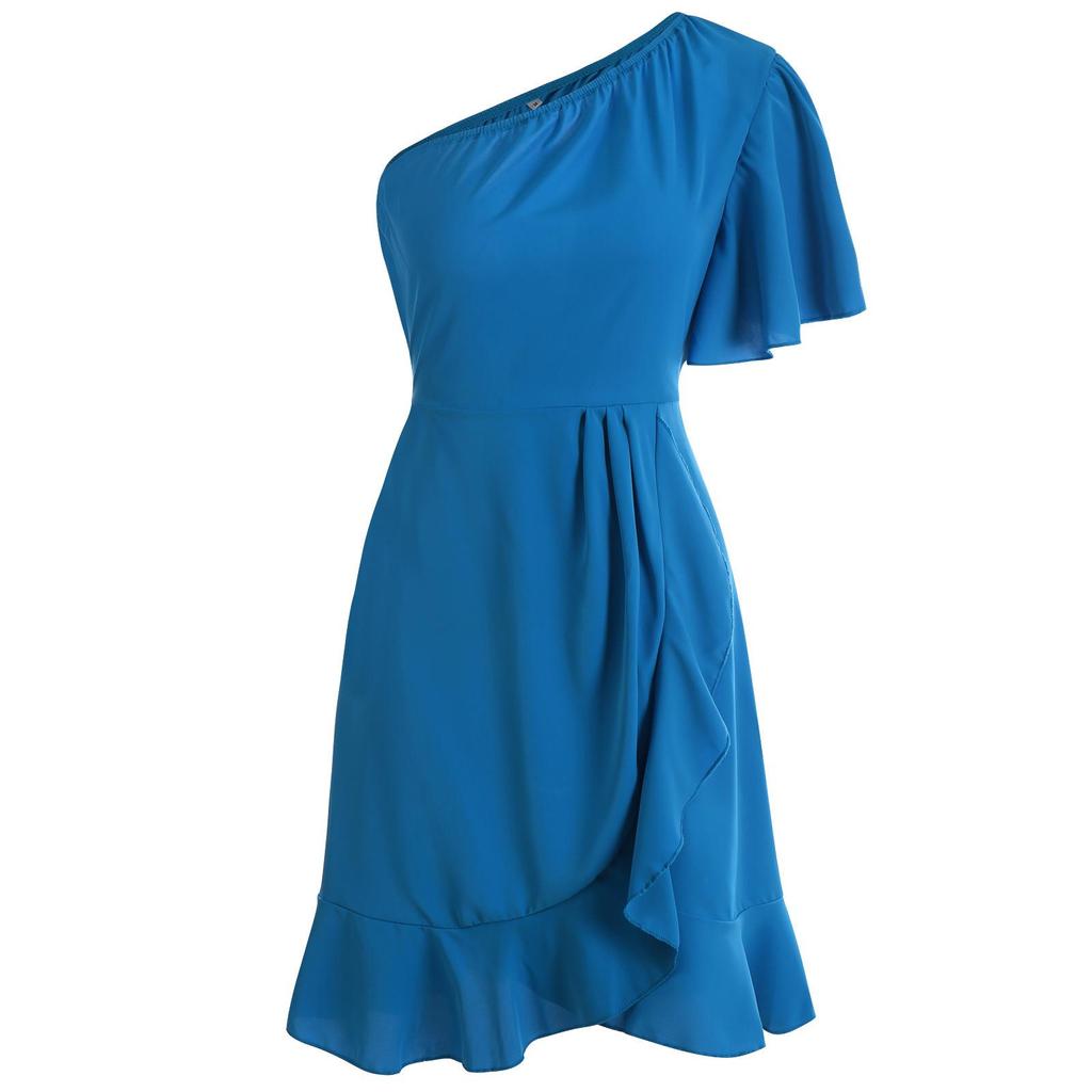 Woman Bodycon Lotus Dress Summer Fashion Short Sleeve One Shoulder Party Mini Dresses Casual Female Boho Beach Dress