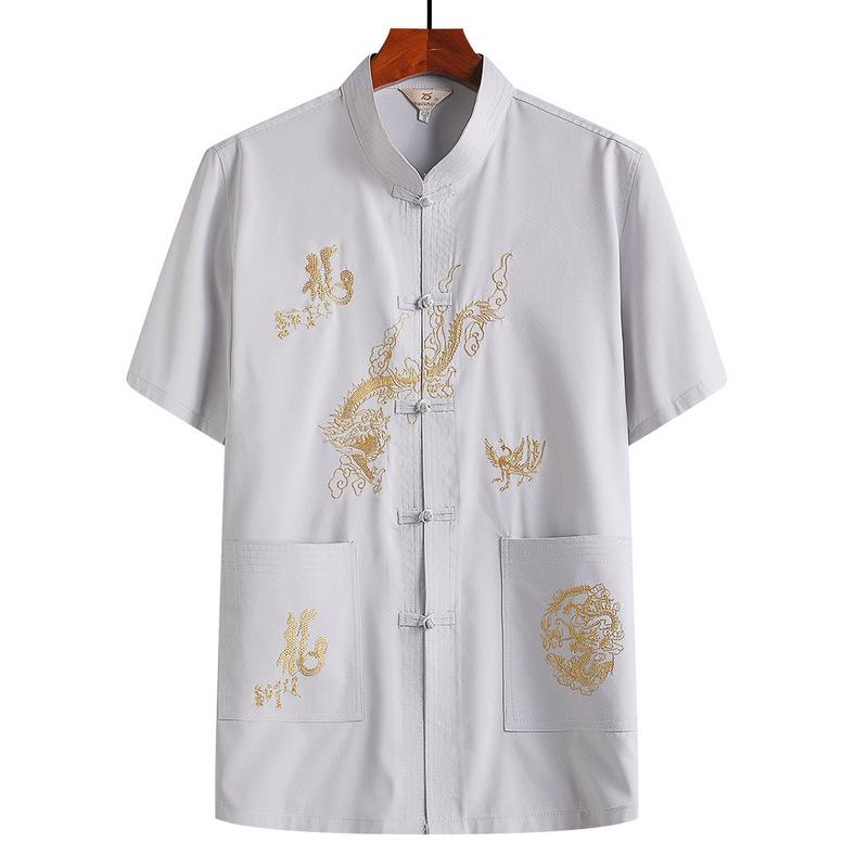 Middle-aged and Elderly Chinese Style Tang Suit Dad Summer Short-sleeved Suit Grandpa Summer Chinese Button-down Shirt and Pants Two-piece Set