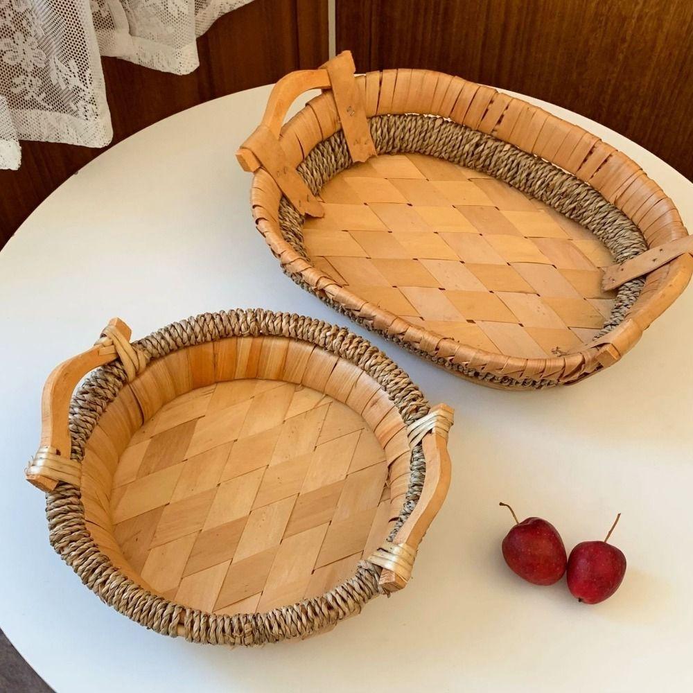 Rustic Handwoven Storage Basket Handmade Food Serving Holder Fruit Vegetable Storage Tray  Kitchen