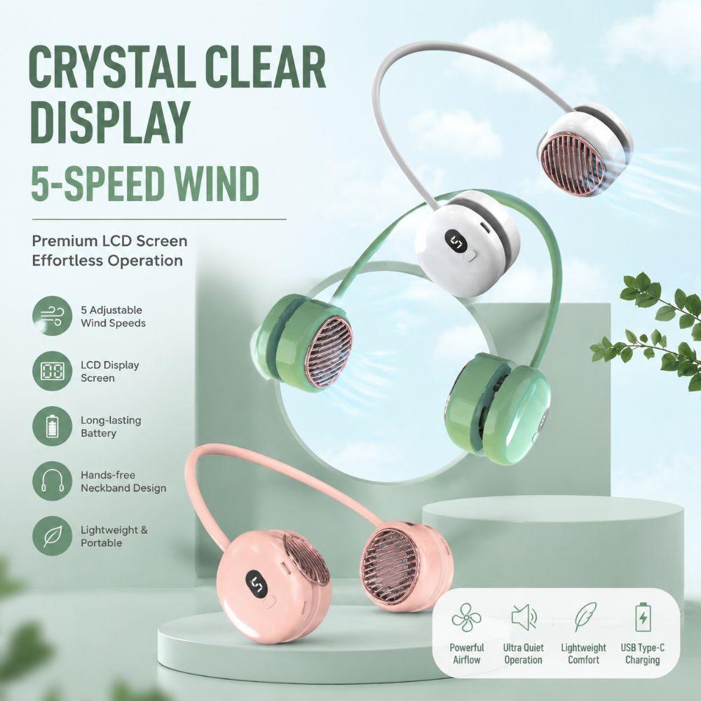 5 Speeds Portable Neck Fan Rechargeable Silent Fan Foldable Cooling Fan  For Travel,Office,Outdoor