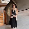 Slim-fit long dress neck V-neck light blue floral lace splicing neck strap float and ground fish tail dress