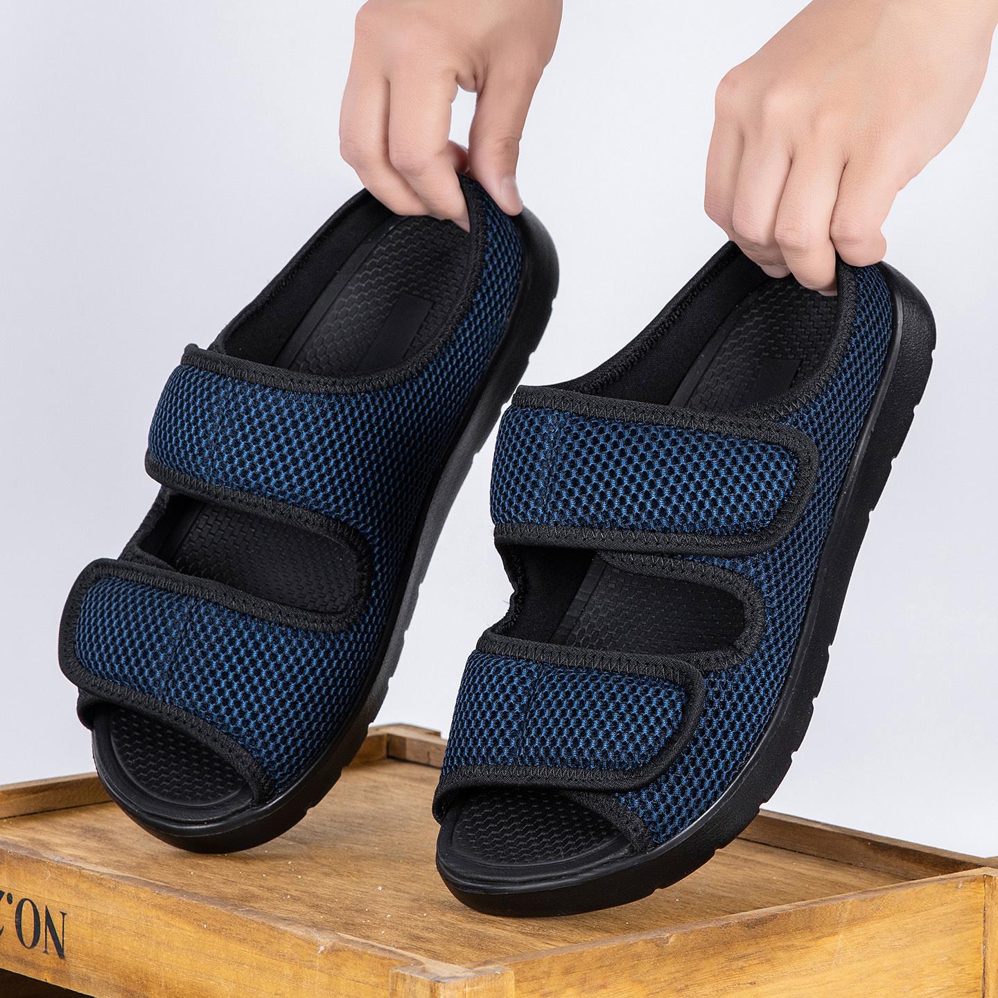Orthopädische Diabetiker-Sandalen für Herren, verstellbarer Klettverschluss, atmungsaktives Netzgewebe, offene Zehenpartie, rutschfeste Erholungsschuhe für geschwollene Füße 46 black