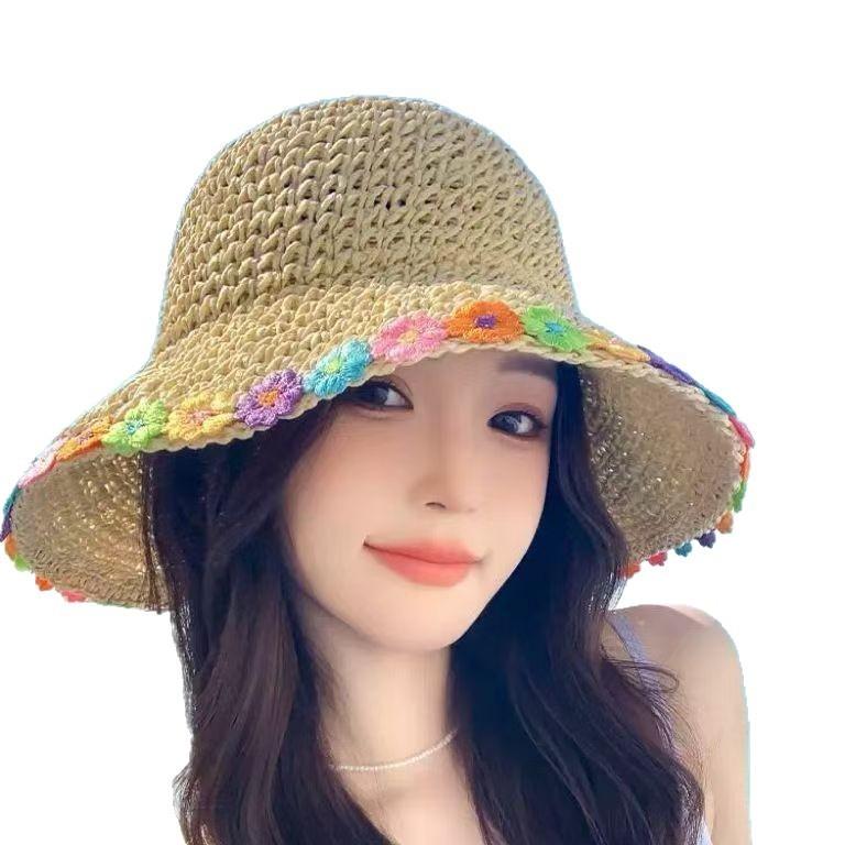Floral Pattern Wide Brim Straw Hat With Adjustable Fit For Summer Outdoor Wear