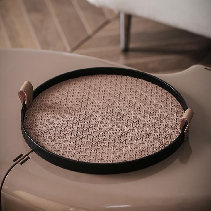 

Round Minimalist Leather Tray Retro Wooden Storage Plate Home Living Room Tea Table Organizer Entrance Sundry Key Storage Box