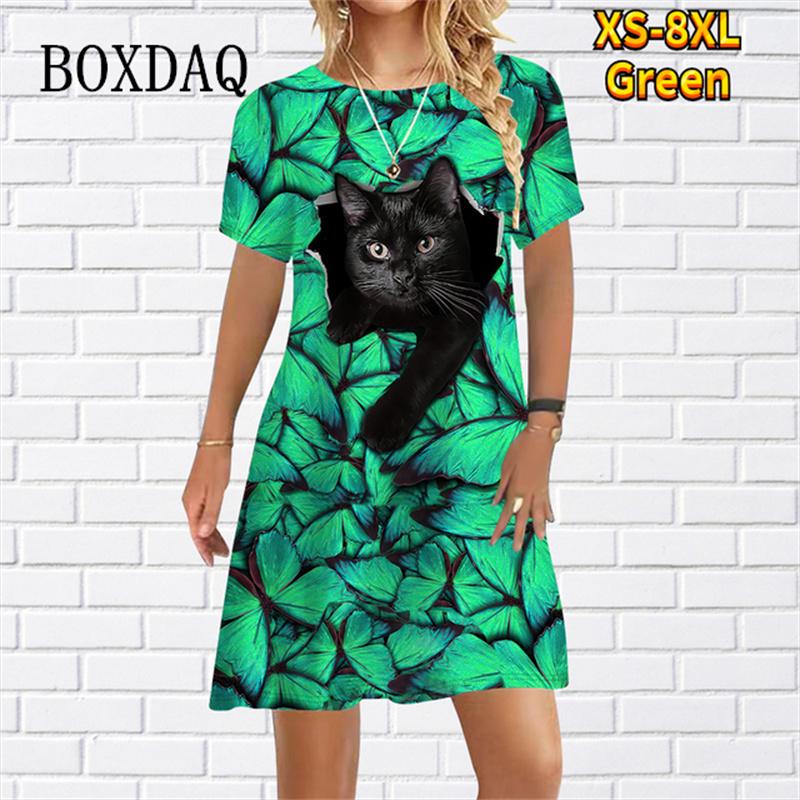 Funny Cute Cat Print Loose Dress For Womens Girls Casual Short Sleeve Cartoon Mini Dress Summer New Beach Party Sundress