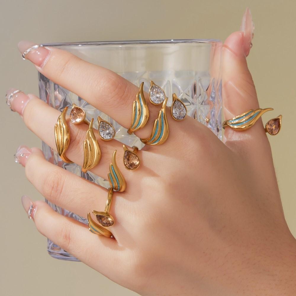 Big Shiny Cubic Zirconia Zircon Zircon Ring In Stainless Steel 18K Gold Plated Feather Wing Shaped Statement Rings For Women