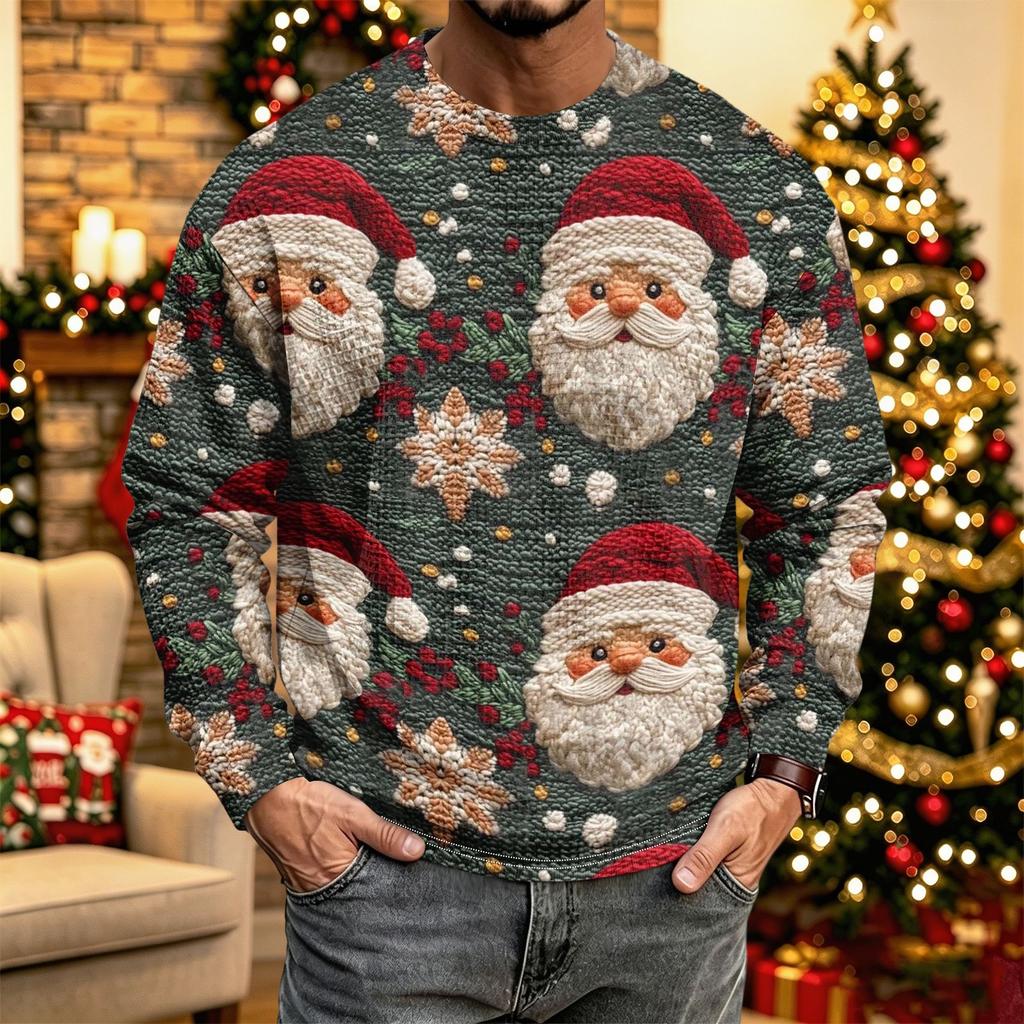 Men's Knit Long Sleeve Neck Casual Top with Christmas Print for Winter