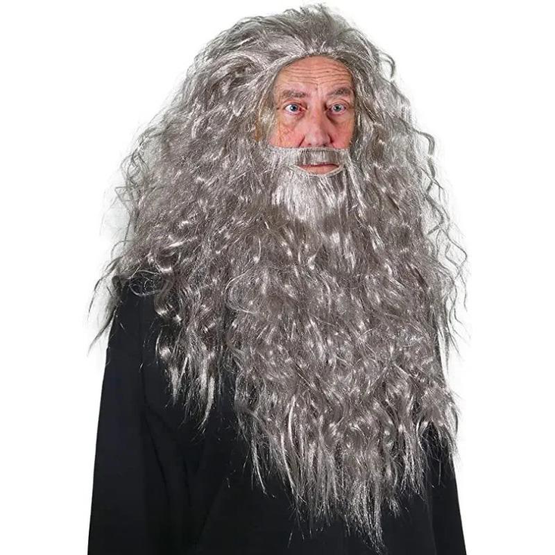 Cosplay de Noël Hobbit Gandalf Cosplay Set Perruque et Barbe Coiffe pour les Fans du Seigneur des Anneaux Fête et Vacances Décoration DIY argenté