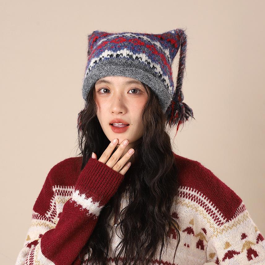 Japanese soft girl cute cat ears wool hat autumn and winter little devil hat ear protection warm concave knitted hat tide