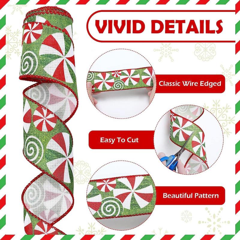 1pc 5 Yards Christmas Candy Peppermint Wired Edge Ribbon Wide Christmas Candy Ribbon For DIYCraft Xmas Tree Gift Party Decor