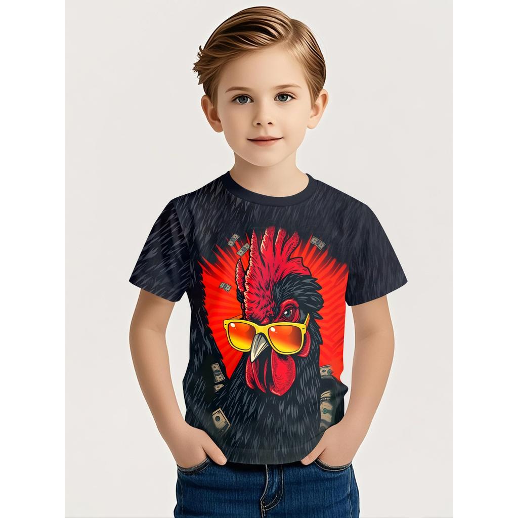 Summer Round Neck Cartoon Animal Pattern 3D Printed Top Fashionable Casual Short Sleeved Children's Boy T-shirts