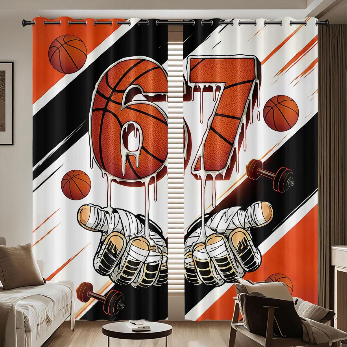 

Room Darkening Basketball Element Print Perforated Curtains Multiple Size Living Insulation Decoration Easy Installation Curtain Set Of 2 Made W100*H70(CM)-Grommet top&2PCS