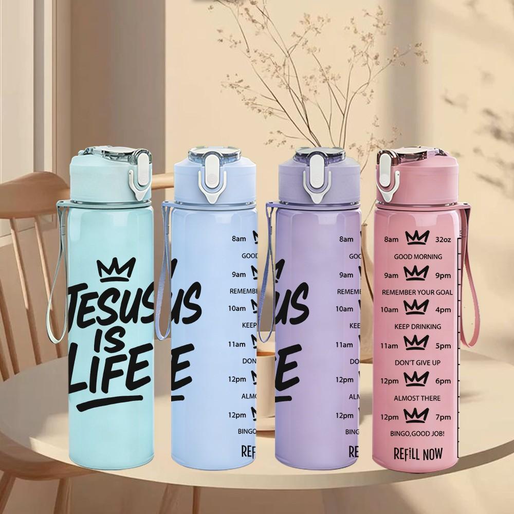 1PC Jesus Is Life Faith Lettering Art 750ml Color Plastic Sports Water Bottle Leakproof Flip Straw Lid Suitable for Sports Office Home Use