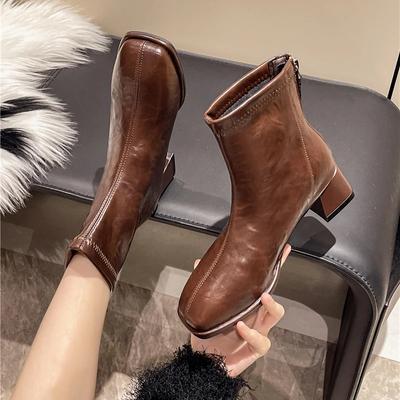 Damen Stiefeletten mit eckiger Zehenpartie, Flock-Stretchschuhe, dünne mittelhohe Absätze, schwarz/braun/beige, Reißverschluss hinten, Kleidsockenstiefel, Damengröße 35-40