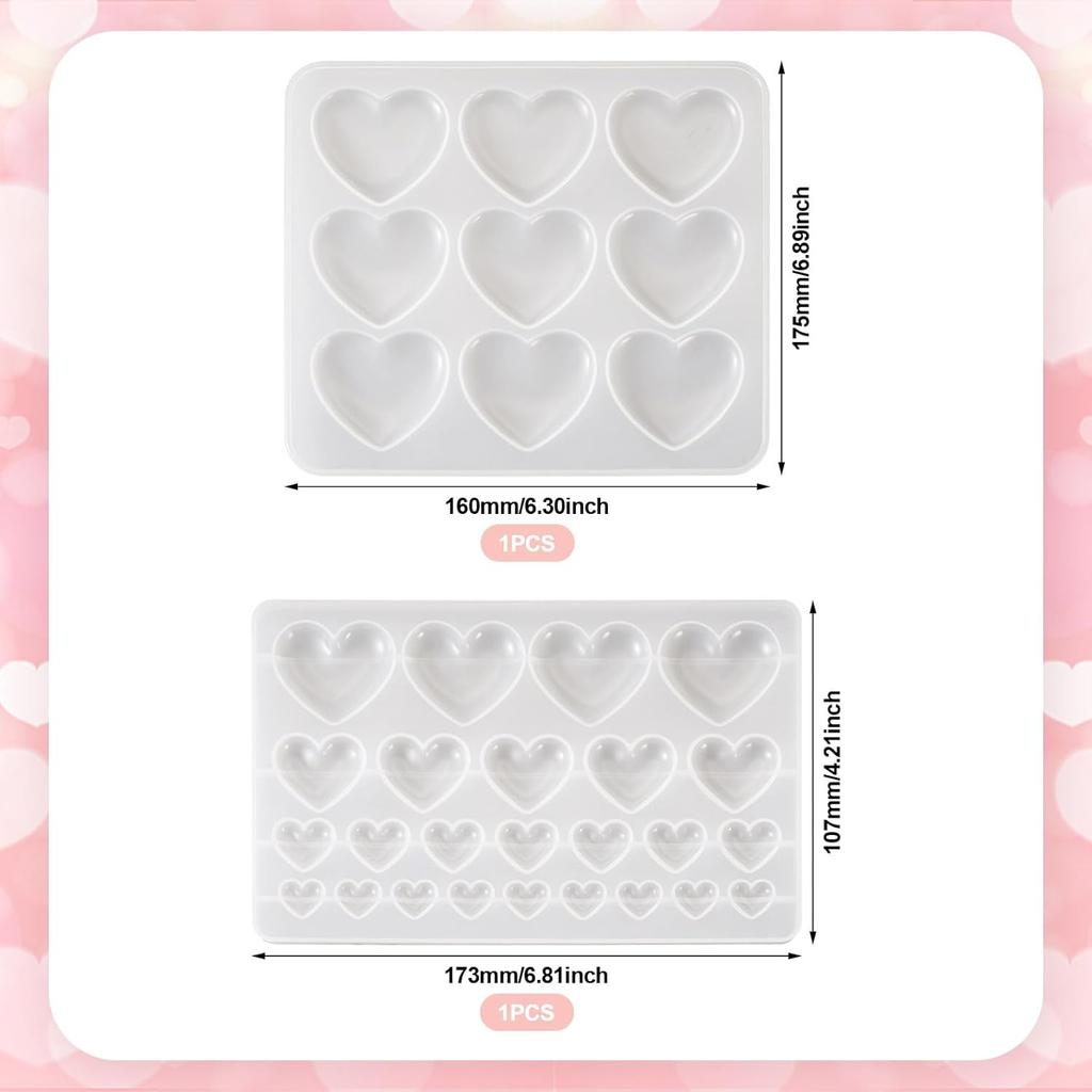 2Pcs Heart Shape Silicone Molds Love Heart Cabochons Resin Casting Molds Chunky Valentines Love Jewelry Pendant Mould for Epoxy Resin DIY Earring