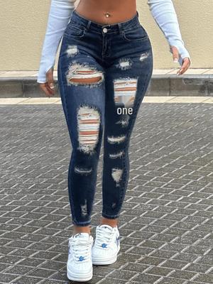 European & American Style Mid-Waist Ripped Skinny Jeans - Elastic Slim Fit Denim