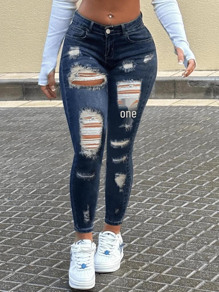 Jeans Skinny Strappati a Vita Media Stile Europeo e Americano - Denim Elasticizzato Slim Fit