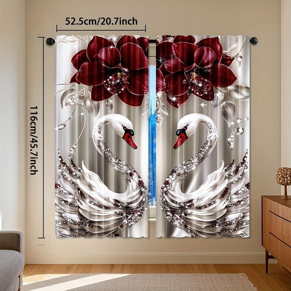 2pcs Floral & Swan Art Sheer Polyester Rod Pocket Curtains – Light Filtering for Living Room   Bedroom & Office