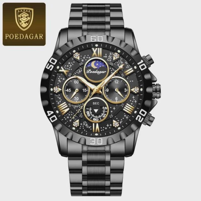 

POEDAGAR Роскошные часы для мужчин Кварцевые Спортивные Мужские часы Водонепроницаемые Светящиеся из нержавеющей стали Хронограф чёрный