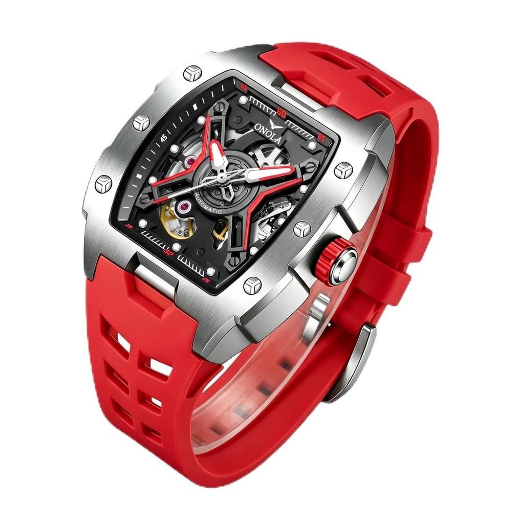 Luminous Skeleton Self Winding Mechanical Watches for Men Tonneau Shape Waterproof Sports Watch Rubber Strap