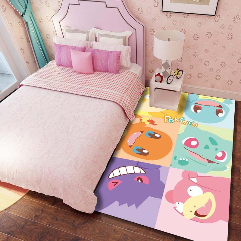 Pokémon print rug, cute Pikachu, Jigglypuff and Charmander cartoon decorative rug, home décor