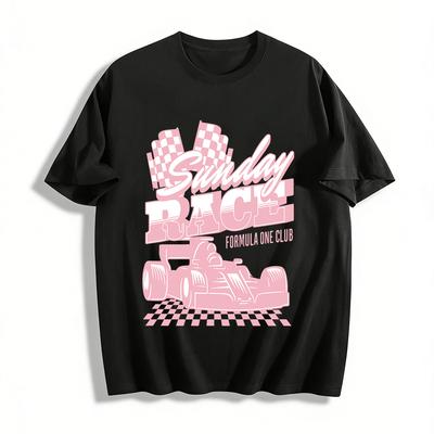 Sunday Race Formula One Club Graphic Tee Retro Racing Car Checkered Flag Print Casual Top Pure Cotton T-shirt