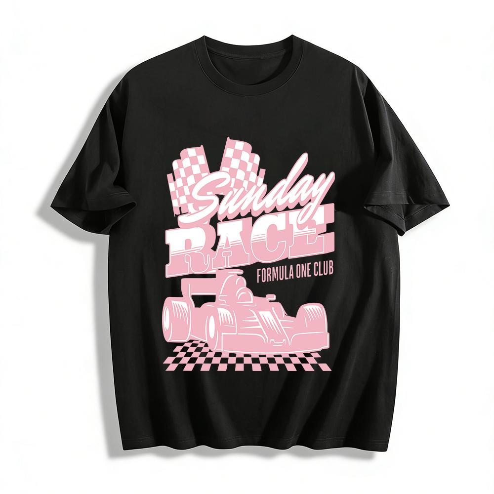 

Sunday Race Formula One Club Graphic Tee Retro Racing Car Checkered Flag Print Casual Top Pure cotton T-shirt XXS