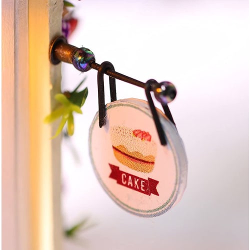 Moin Moin 1/24 Scale Dollhouse Miniature DIY Kit Set Featuring a Cafe, a Yellow Coffee Shop with Colorful Cakes, LED Light and Acrylic Case (product N