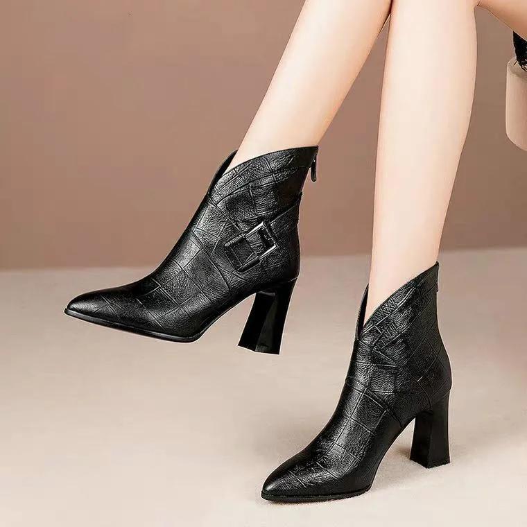 Sexy Women Boots 2025 Autumn and Winter V-Neck High Heels Ankle Shoes Boots Leather Booties Feminina Woman Wedding Party Shoes