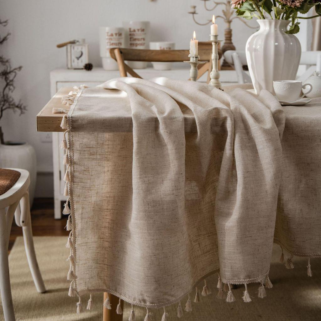Imanqiyun Khaki Tassel Tablecloth - American Country Linen Blend Rectangular