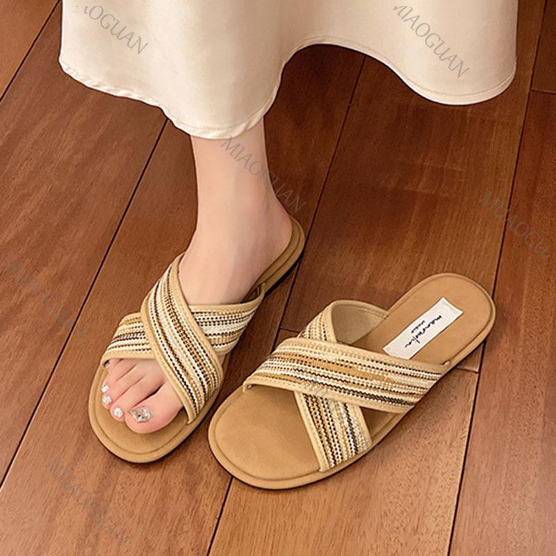 Fashion Bohemian Flat Bottom Woven Cross Strap Slippers Color Blocking Sandals Slipper for Outside Wear Soft Sole Versatile Beach Shoes