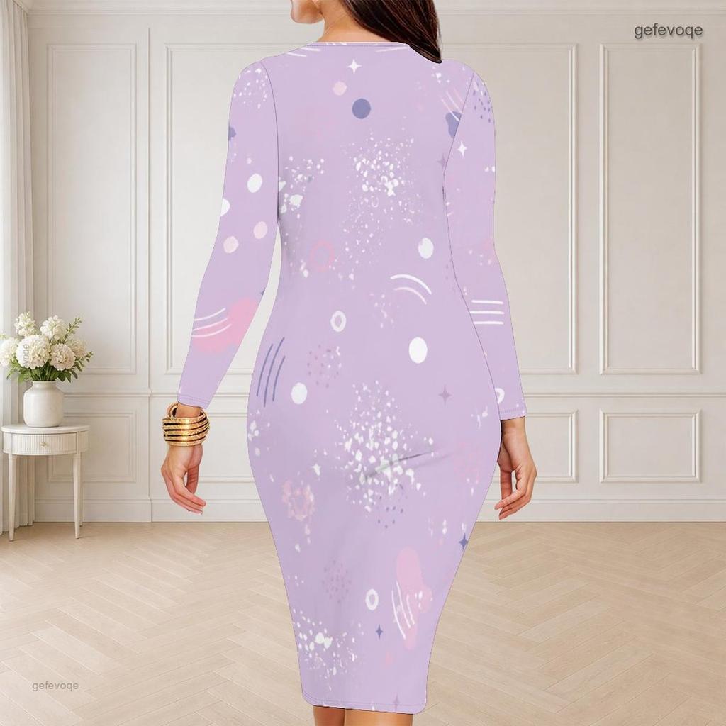 Women Plus Size Round Neck Long Sleeve Printed Bodycon Midi Dress