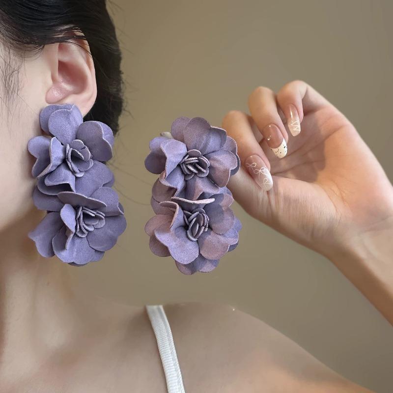 Silver Needle Fabric Rice Bead Chiffon Flower Beaded Fringed Earrings Super Fairy Sweet Temperament Stud Earrings Niche Design Earrings