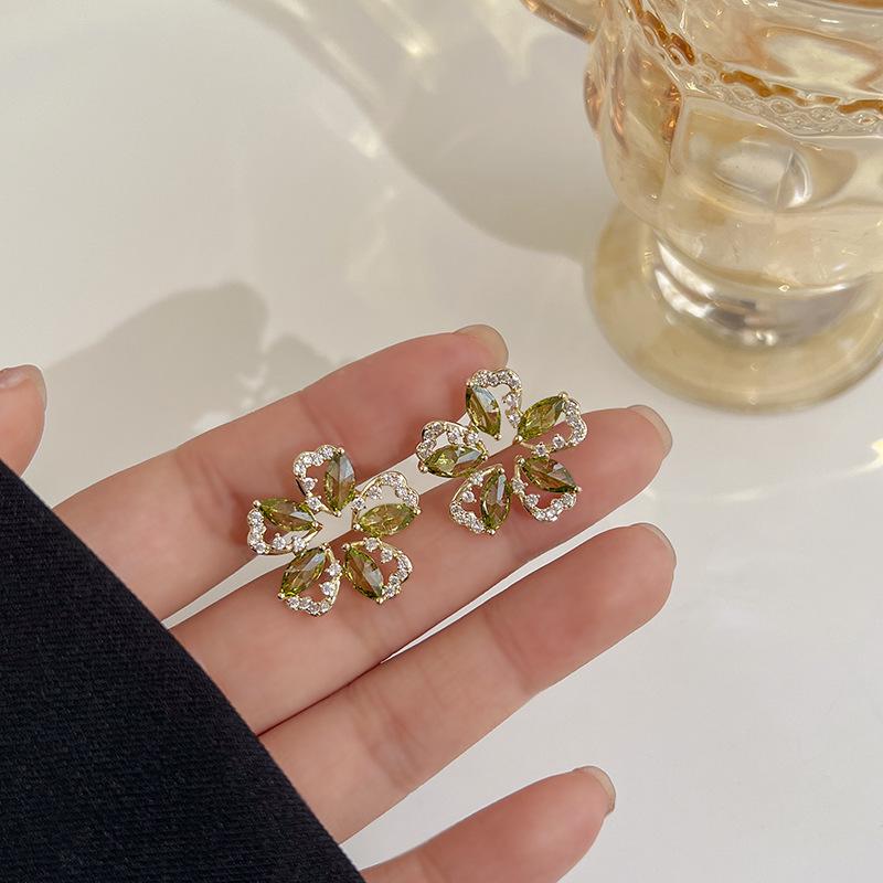 2025 Olive Green Hollow Flower Petal Earrings with Micro-set Zirconia