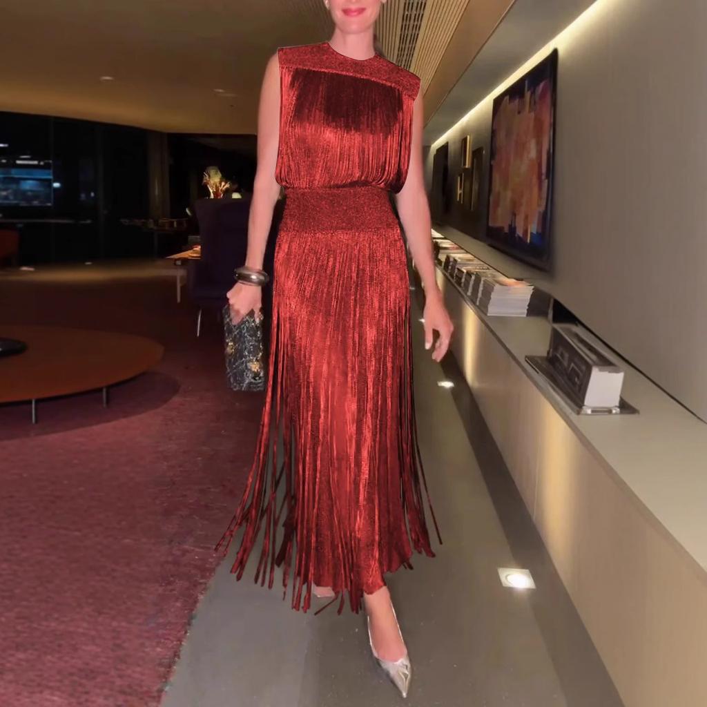 Elegantes Fransenkleid für Damen, ärmelloses Partykleid