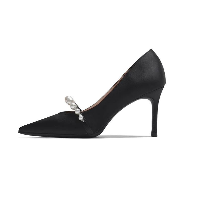 

White Pearl Stiletto High Heels Women s 2026 Autumn New Pointed Toe Shallow Mouth Set Feet Satin Single Shoes Wedding Shoes 43