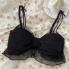Black Bow Mesh Bra with Ruffle Trim and Double Straps