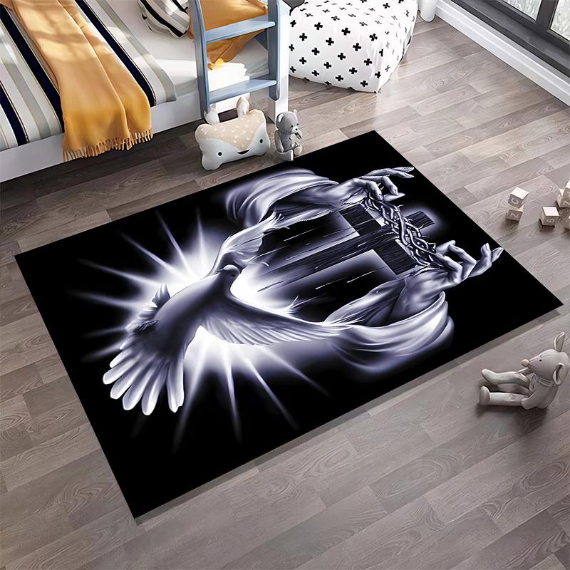 Crescent Cross & Dove Artwork Rug Non-slip Rug Suitable for Living Room and Bedroom Sofas.