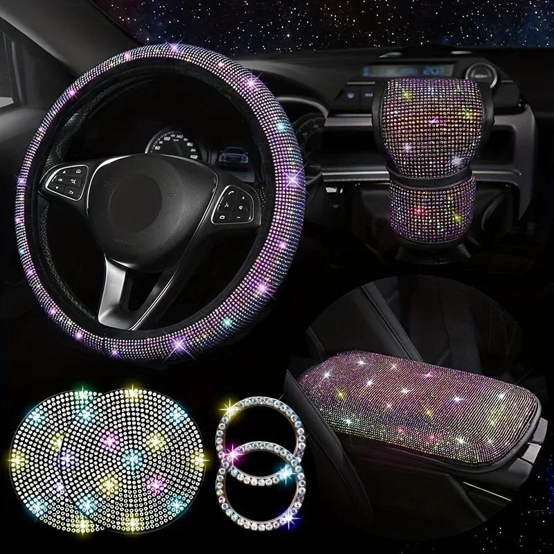 7-Piece Bling Automotive Kit – Diamond-Studded Steering Wheel Cover & Cute Car Accessories Set