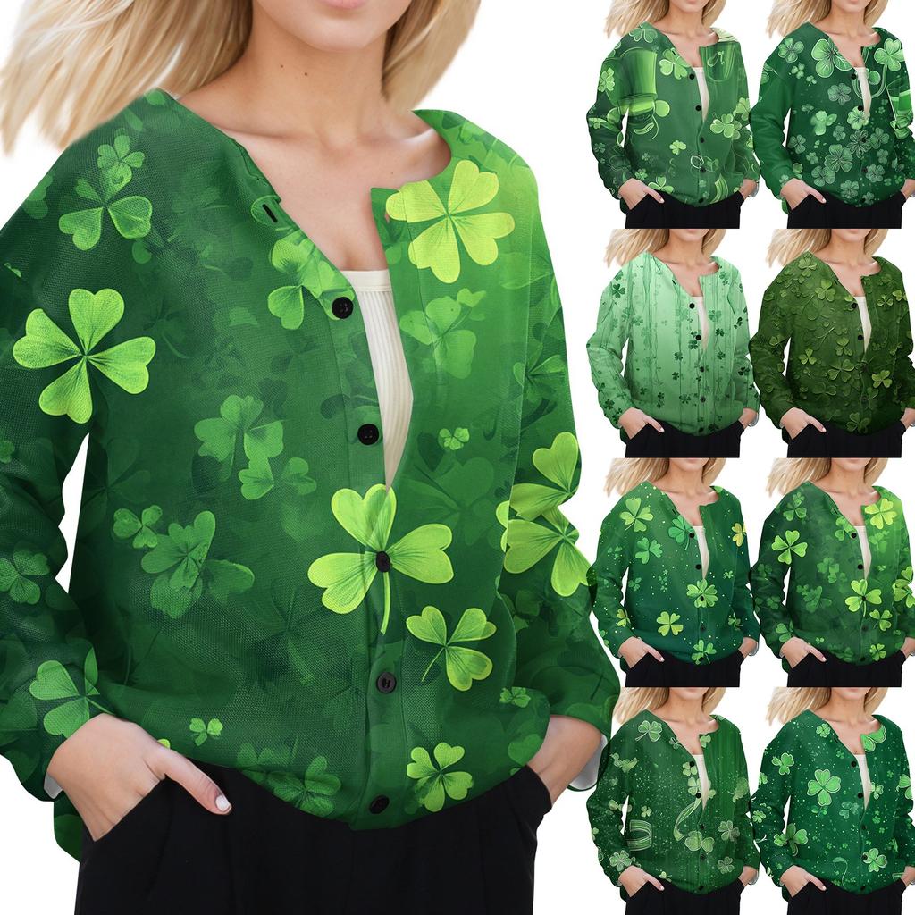 Women's Stylish St. Patrick Print Long Sleeve  Fleece Cardigan Button Jacket