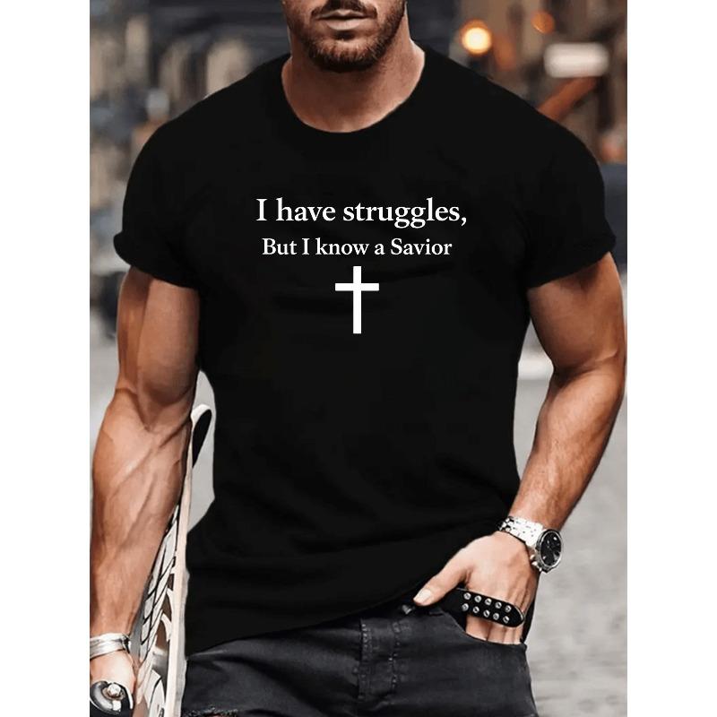 Europäische Größen Inspirierender Kreuz-Zitat-Druck, Gemustertes Rundhals-T-Shirt, Geeignet für den täglichen Gebrauch und Zuhause, Einfach und Modisch für Herren