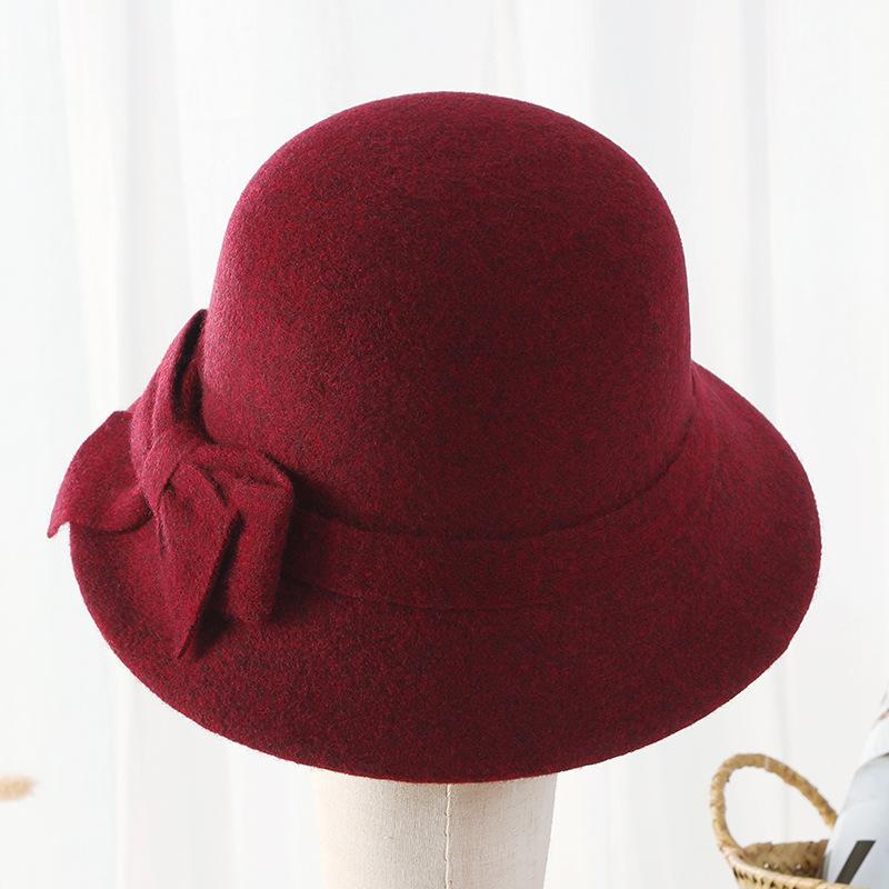 Hat women's autumn and winter new bow wool top hat thickened warm bucket hat middle old mother basin hat