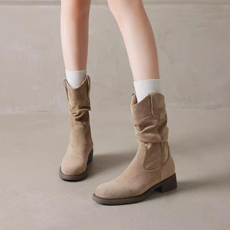 Pile Boots Women's New Autumn and Winter with Skirt Thick Heel Medium Tube Low Heel Maillard Western Cowboy Fashion Boots