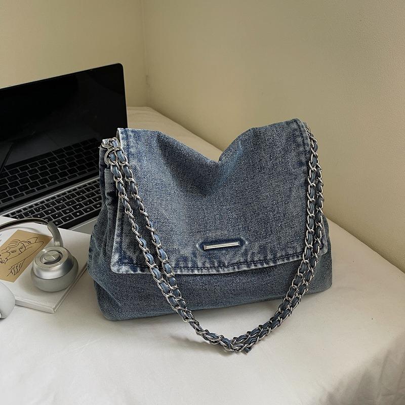 New chain large capacity denim tote bag casual college student shopping bag commuter shoulder messenger bag