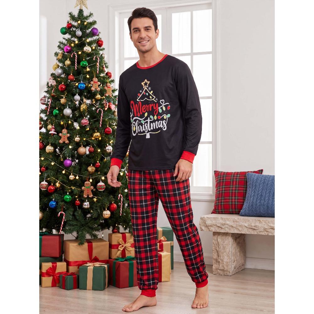 Christmas Pajama Set, Xmas Tree & Letter Print Long Sleeve Tops and Pants Sleepwear, Family Matching Christmas Pajamas Set for Men Women Boys & Girls
