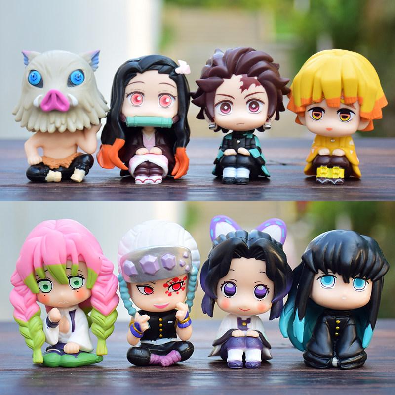 Demon Slayer Figure Toy Anime Kimetsu No Yaiba Q Version Sitting Tanjiro Nidouzi Inosuke Zenizu Pvd Figurine Model Doll Gifts