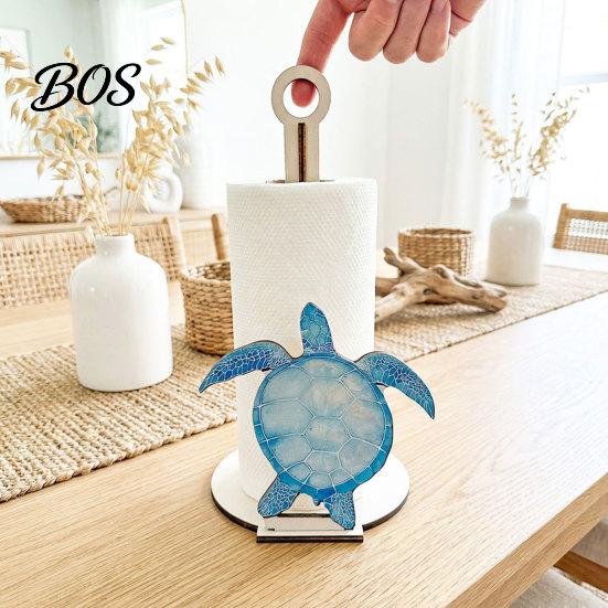 Nautical Kitchen Accessories Ocean Style Vertical Paper Towel Holder, Solid Wood Roll Stand with Holder Seahorse Crab Sailboat Shell Design,