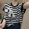 Round Neck Ice Silk Short Sleeved T-shirt with Summer Design and Three-dimensional Flower Decoration Thin Top