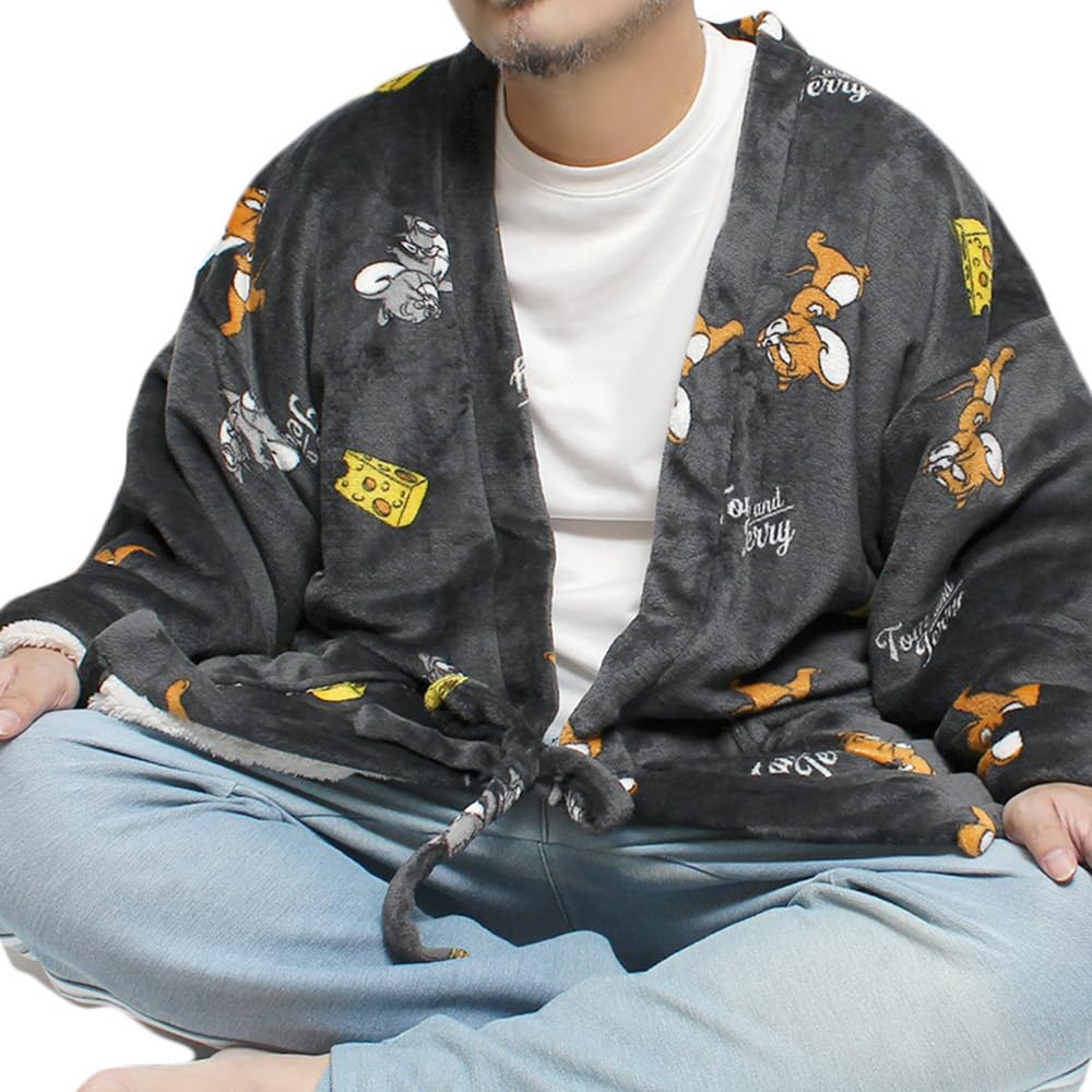 One Colors TOM AND JERRY Men's Plus Size Fluffy Fleece-Lined Loungewear Chanchanko Hanten (Half-Coat) - Size 3L, Charcoal (39)